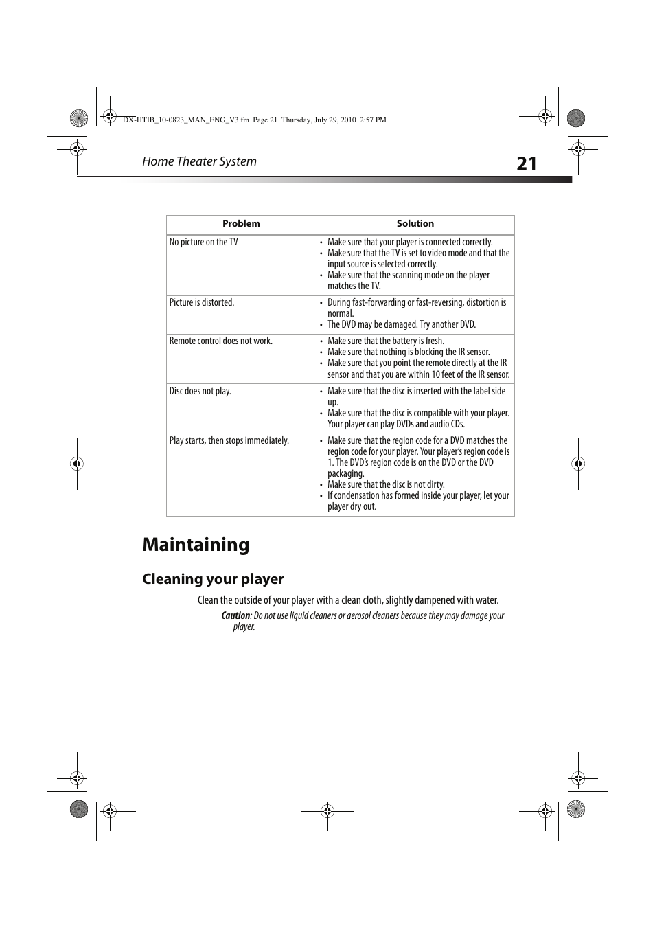 21 maintaining, Cleaning your player | Dynex DX-HTIB User Manual | Page 21 / 28