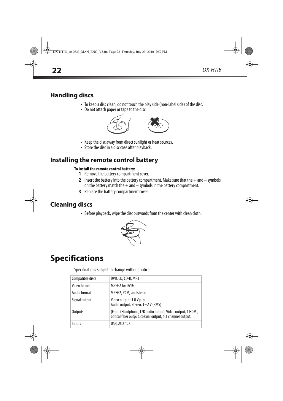 Specifications, Handling discs, Installing the remote control battery | Cleaning discs | Dynex DX-HTIB User Manual | Page 22 / 28