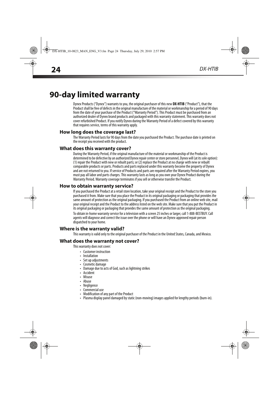 Day limited warranty | Dynex DX-HTIB User Manual | Page 24 / 28