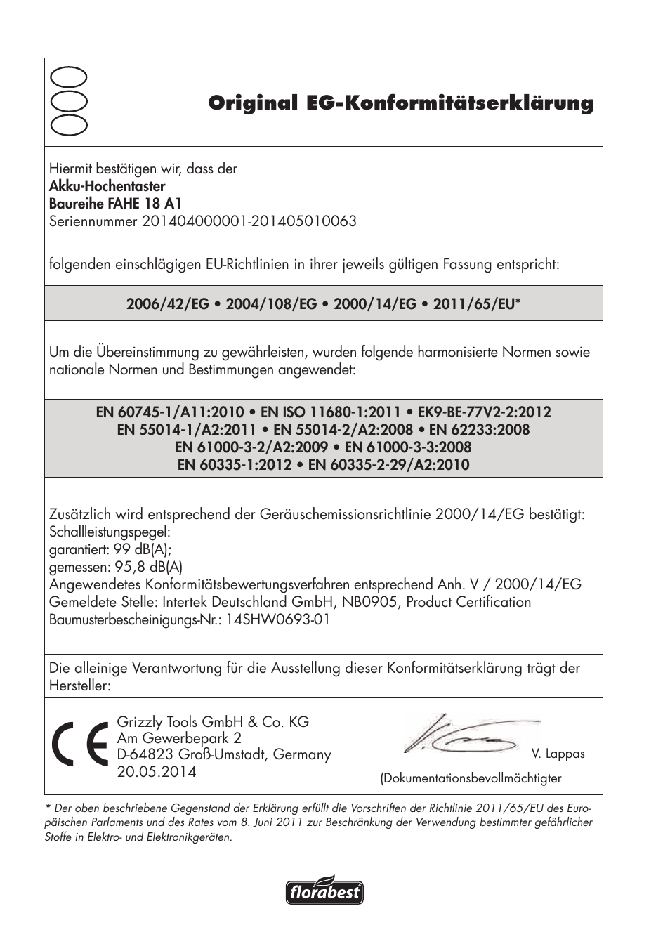 Original eg-konformitätserklärung | Florabest FAHE 18 A1 User Manual | Page 104 / 108