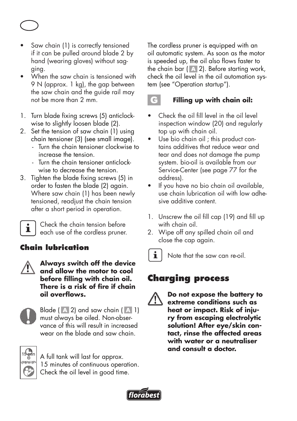 Charging process | Florabest FAHE 18 A1 User Manual | Page 16 / 108