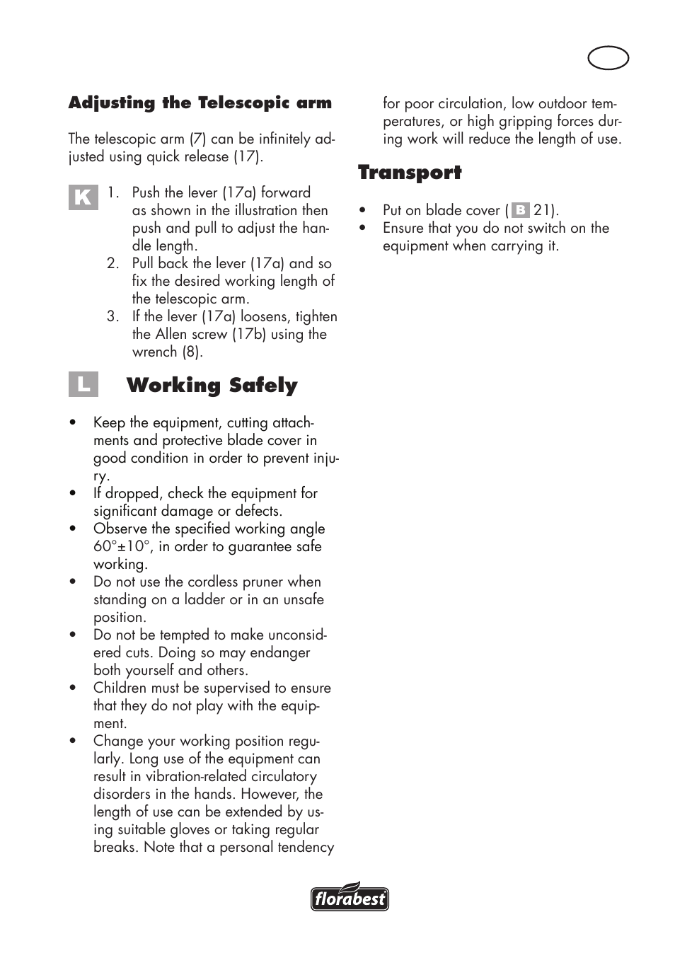Working safely, Transport | Florabest FAHE 18 A1 User Manual | Page 19 / 108