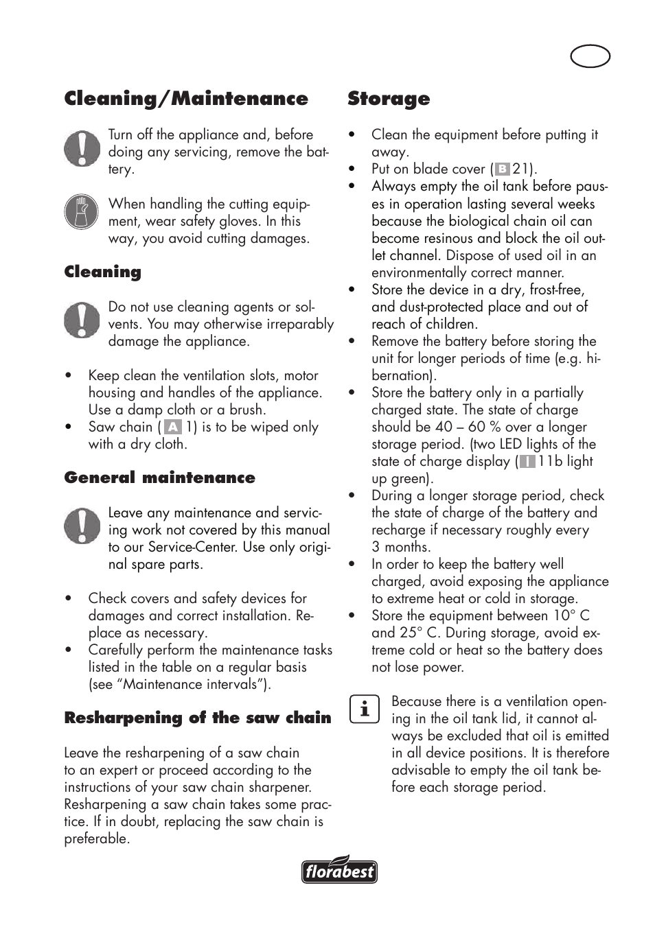 Cleaning/maintenance, Storage | Florabest FAHE 18 A1 User Manual | Page 21 / 108