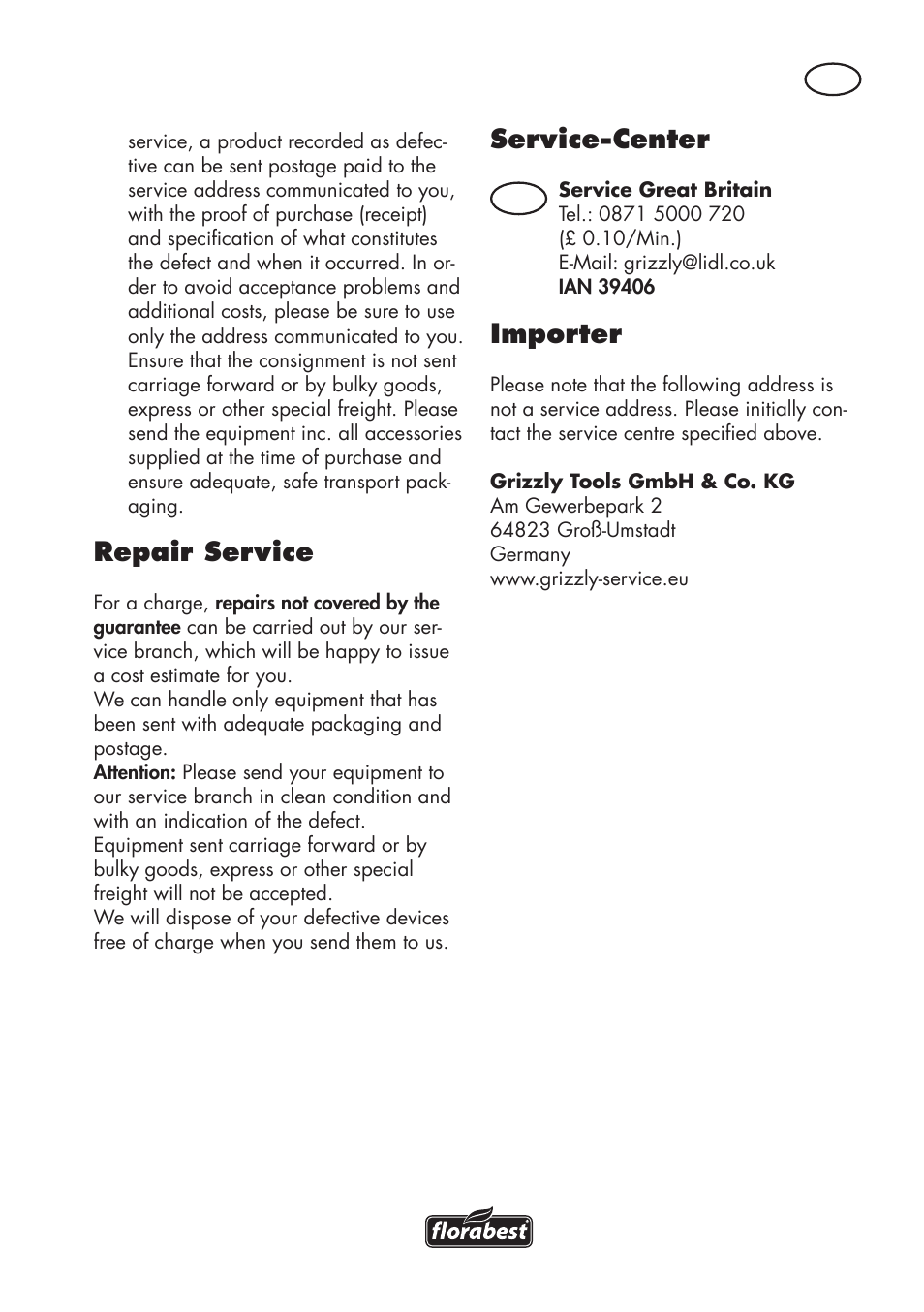 Repair service, Service-center, Importer | Florabest FAHE 18 A1 User Manual | Page 27 / 108