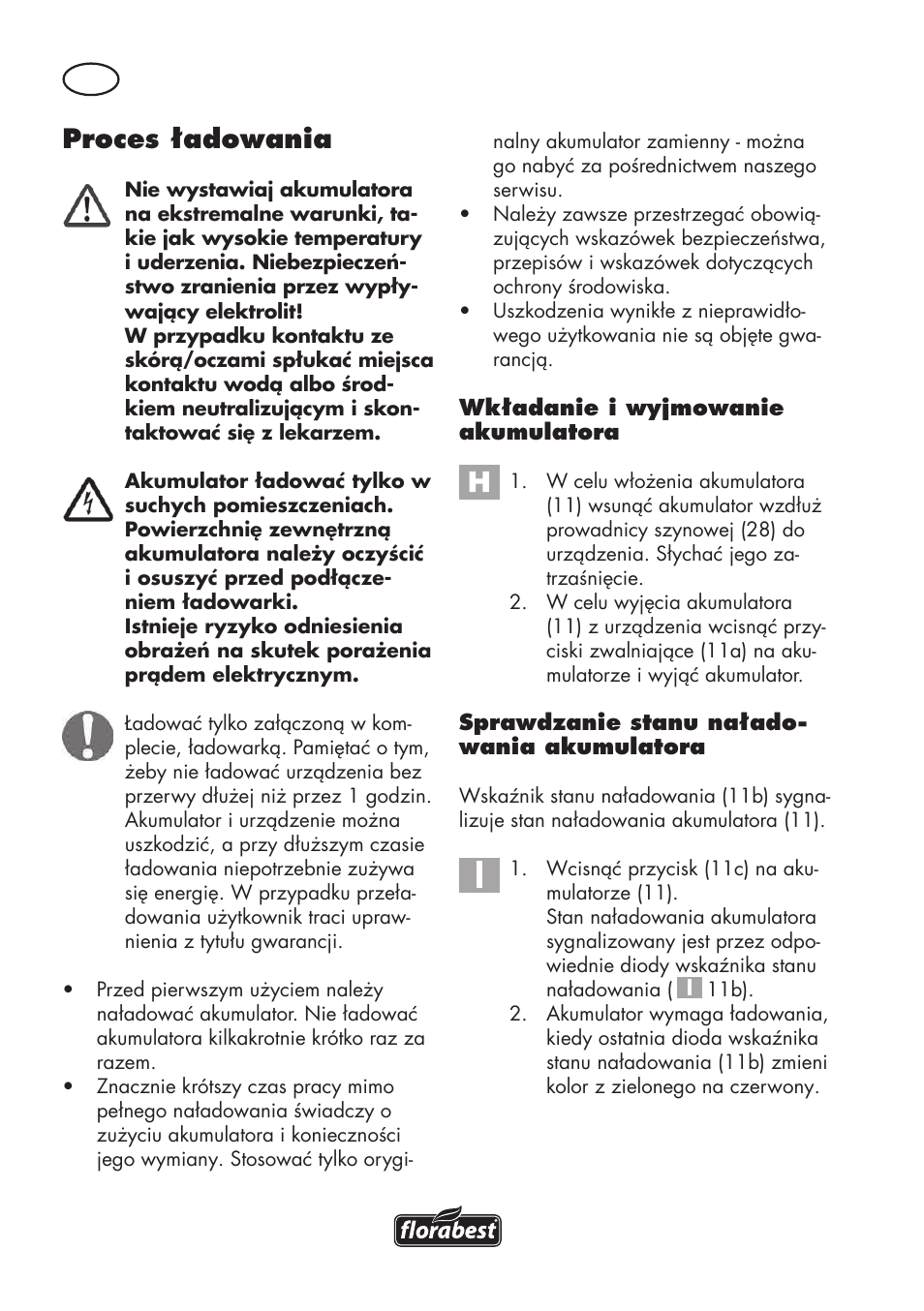 Proces ładowania | Florabest FAHE 18 A1 User Manual | Page 42 / 108
