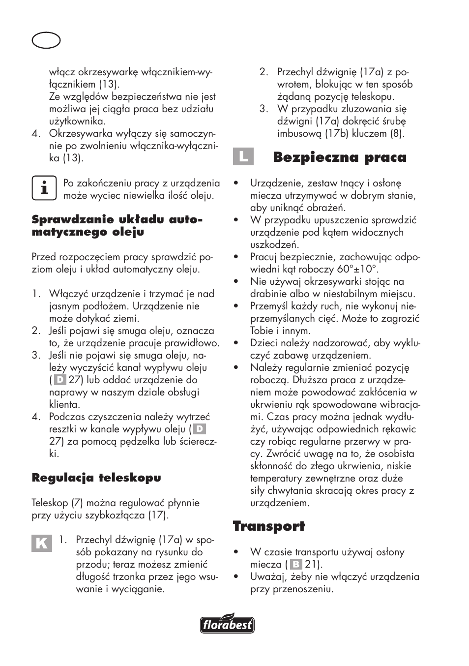 Bezpieczna praca, Transport | Florabest FAHE 18 A1 User Manual | Page 44 / 108