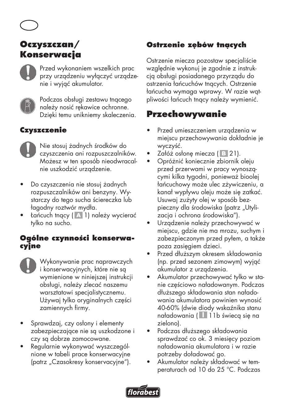 Oczyszczan/ konserwacja, Przechowywanie | Florabest FAHE 18 A1 User Manual | Page 46 / 108