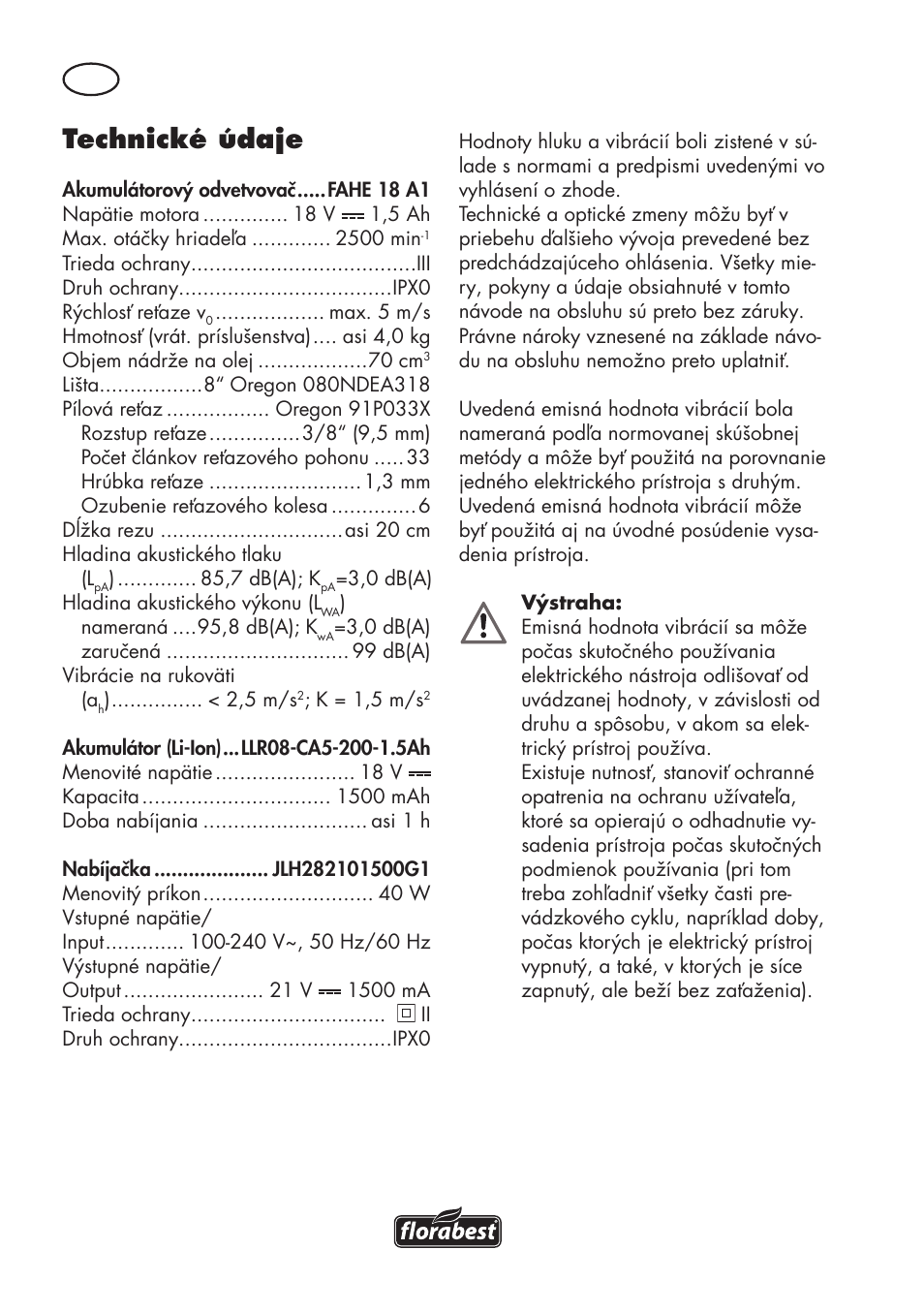 Technické údaje | Florabest FAHE 18 A1 User Manual | Page 56 / 108
