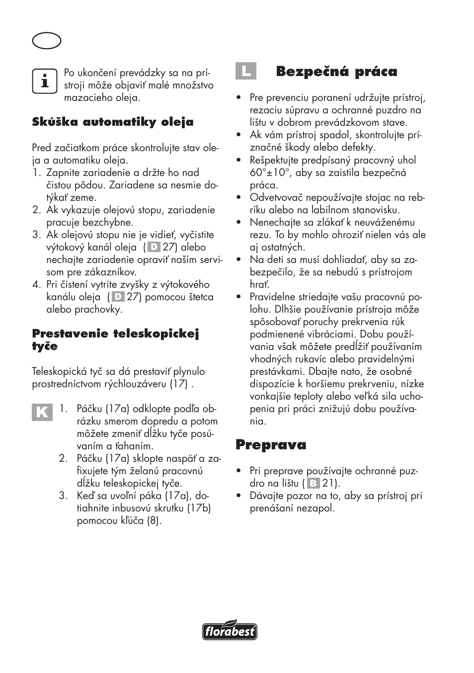 Bezpečná práca, Preprava | Florabest FAHE 18 A1 User Manual | Page 68 / 108