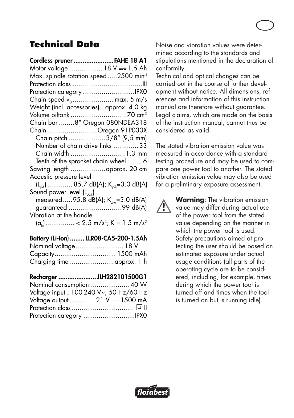 Technical data | Florabest FAHE 18 A1 User Manual | Page 7 / 108