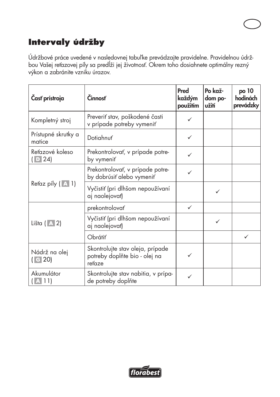 Intervaly údržby | Florabest FAHE 18 A1 User Manual | Page 73 / 108