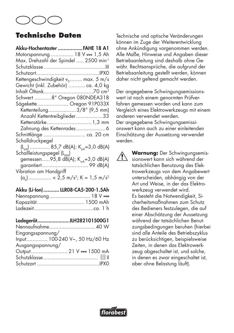 Technische daten, De at ch | Florabest FAHE 18 A1 User Manual | Page 80 / 108
