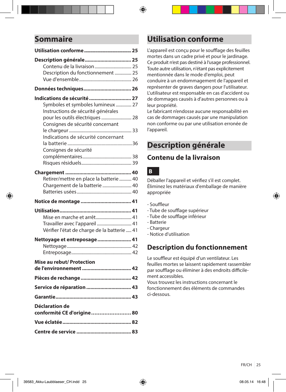 Utilisation conforme, Description générale, Sommaire | Contenu de la livraison, Description du fonctionnement | Florabest FLBA 18 A1 User Manual | Page 25 / 84
