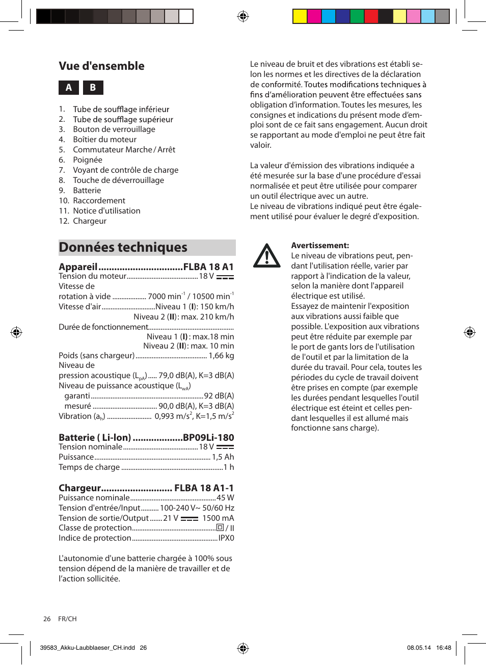 Données techniques, Vue d'ensemble | Florabest FLBA 18 A1 User Manual | Page 26 / 84
