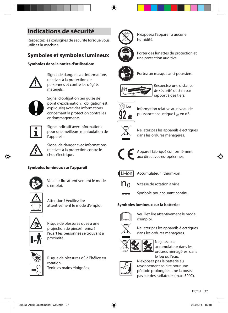 Indications de sécurité, Symboles et symboles lumineux | Florabest FLBA 18 A1 User Manual | Page 27 / 84
