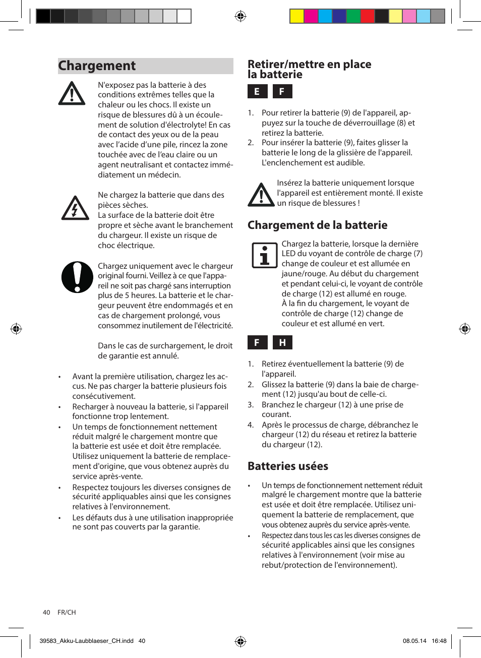 Chargement, Retirer/mettre en place la batterie, Chargement de la batterie | Batteries usées | Florabest FLBA 18 A1 User Manual | Page 40 / 84