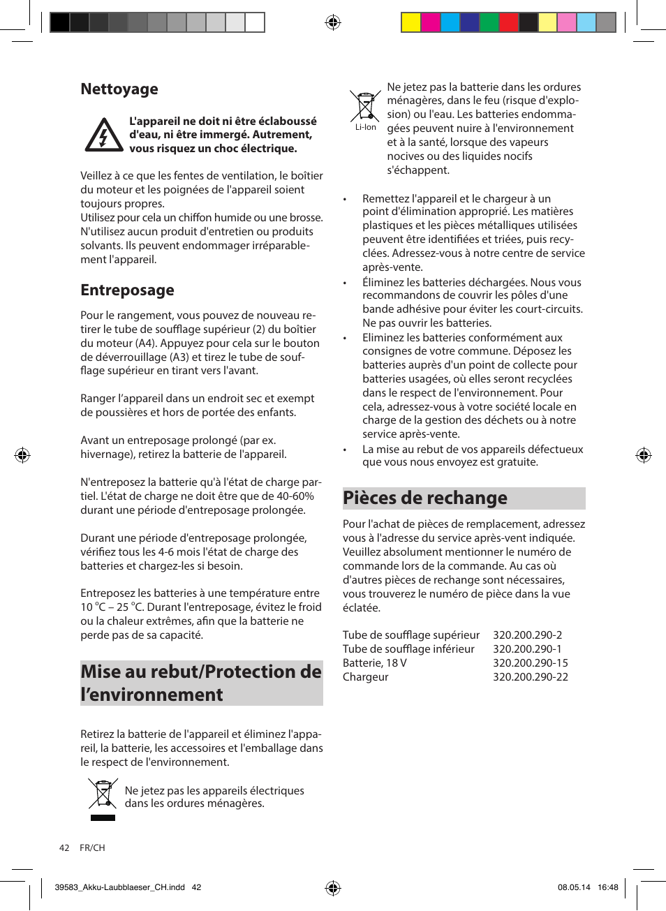 Mise au rebut/protection de l’environnement, Pièces de rechange, Nettoyage | Entreposage | Florabest FLBA 18 A1 User Manual | Page 42 / 84