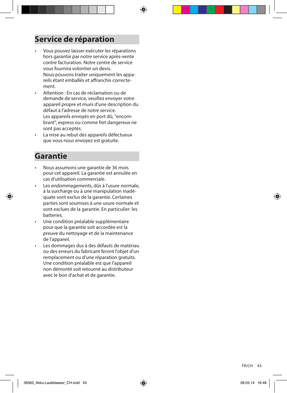 Service de réparation, Garantie | Florabest FLBA 18 A1 User Manual | Page 43 / 84