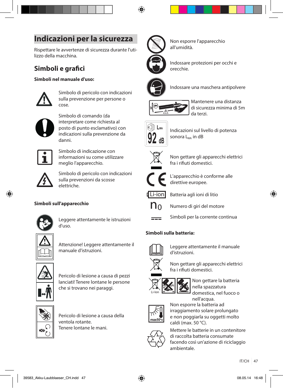 Indicazioni per la sicurezza, Simboli e grafici | Florabest FLBA 18 A1 User Manual | Page 47 / 84