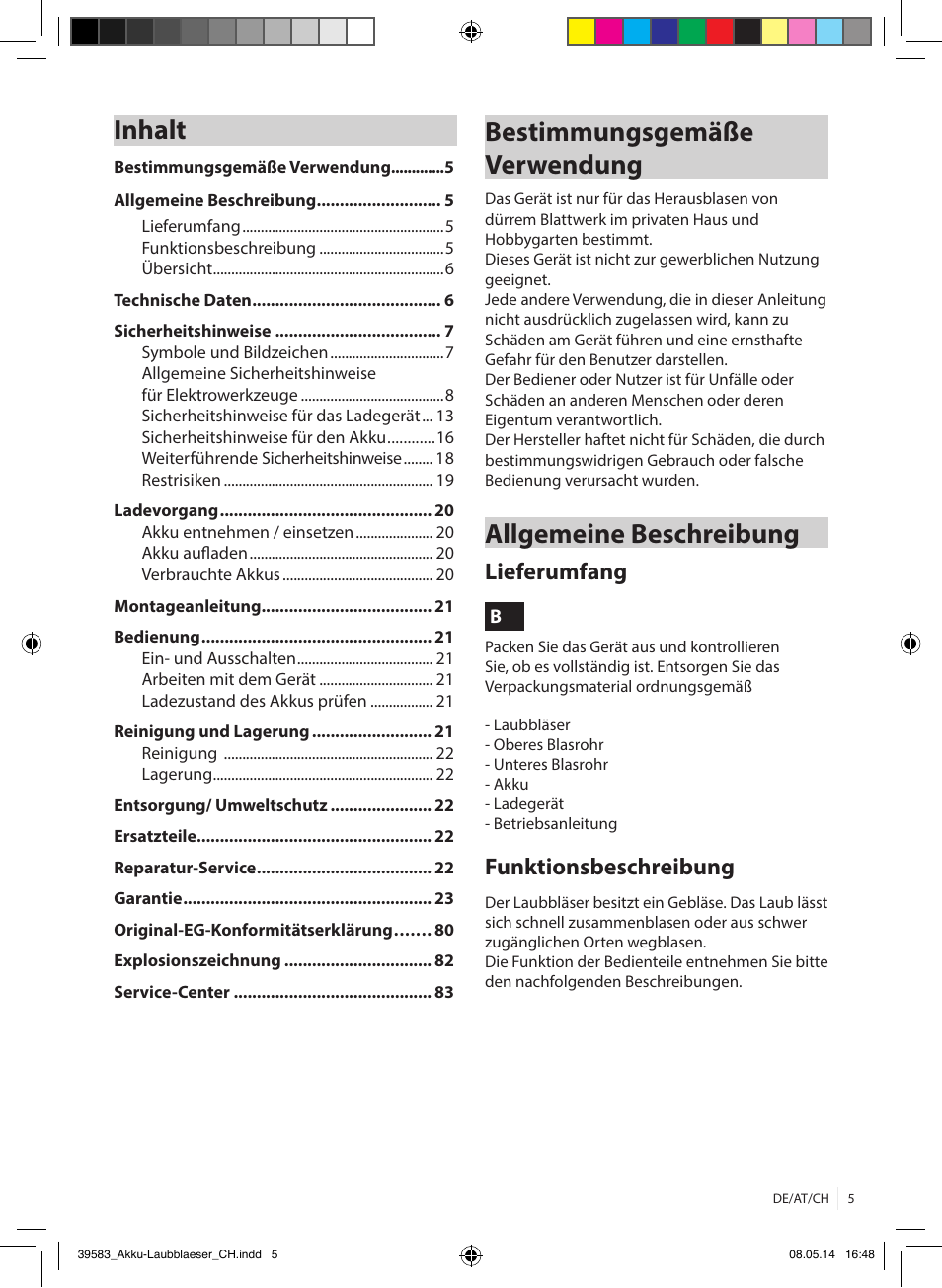 Bestimmungsgemäße verwendung, Allgemeine beschreibung, Inhalt | Lieferumfang, Funktionsbeschreibung | Florabest FLBA 18 A1 User Manual | Page 5 / 84