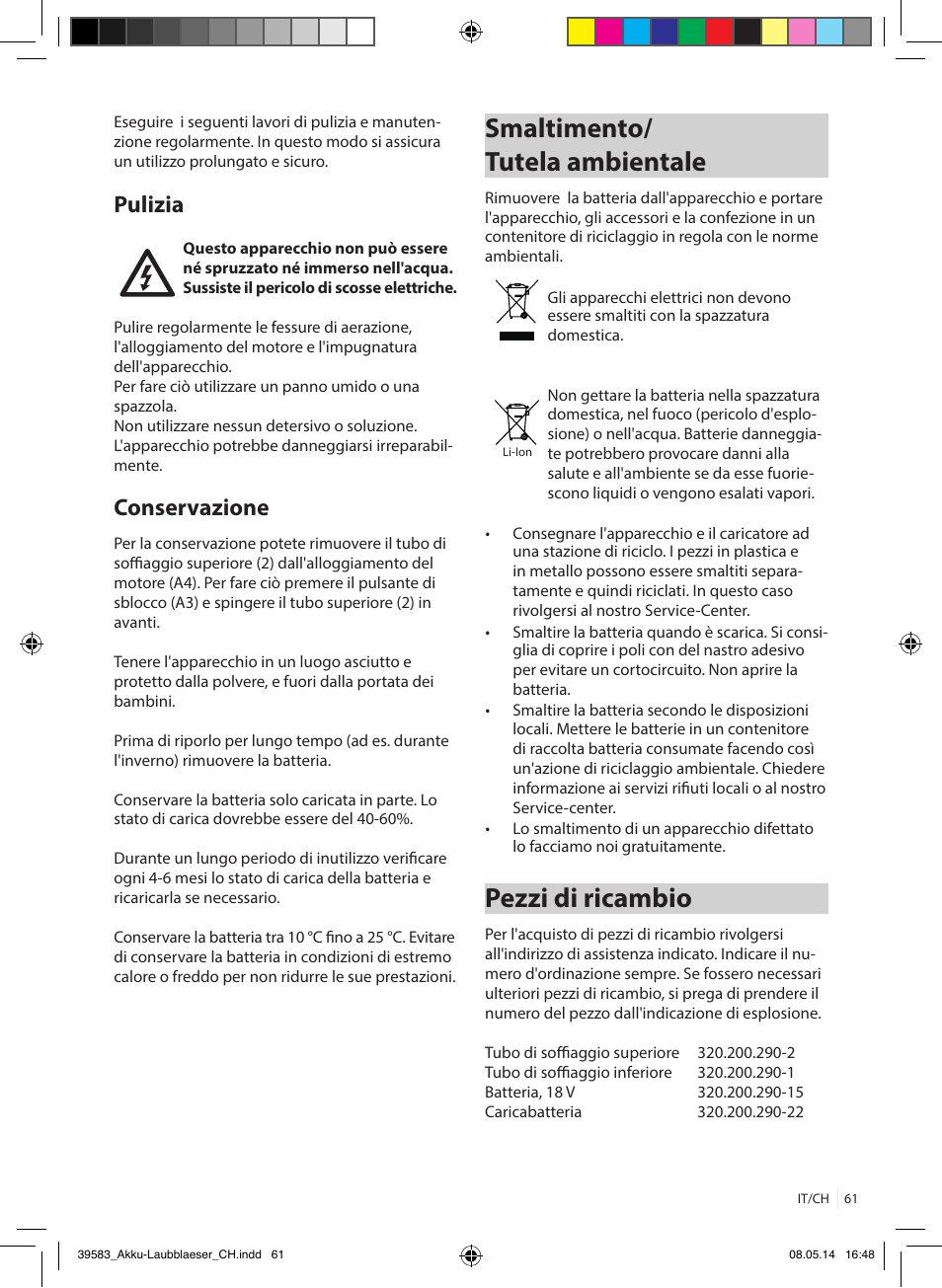 Smaltimento/ tutela ambientale, Pezzi di ricambio, Pulizia | Conservazione | Florabest FLBA 18 A1 User Manual | Page 61 / 84