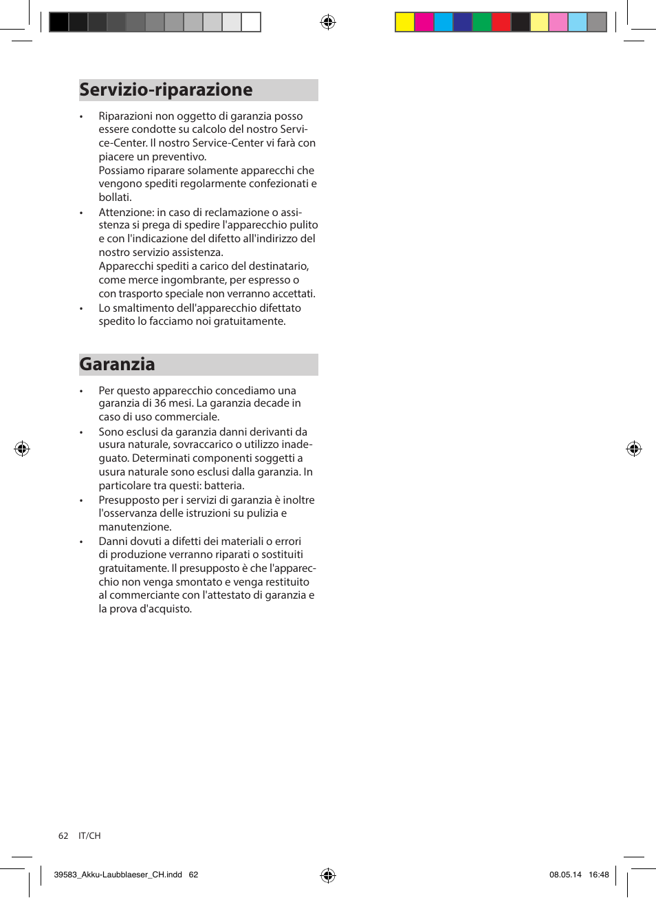 Servizio-riparazione, Garanzia | Florabest FLBA 18 A1 User Manual | Page 62 / 84
