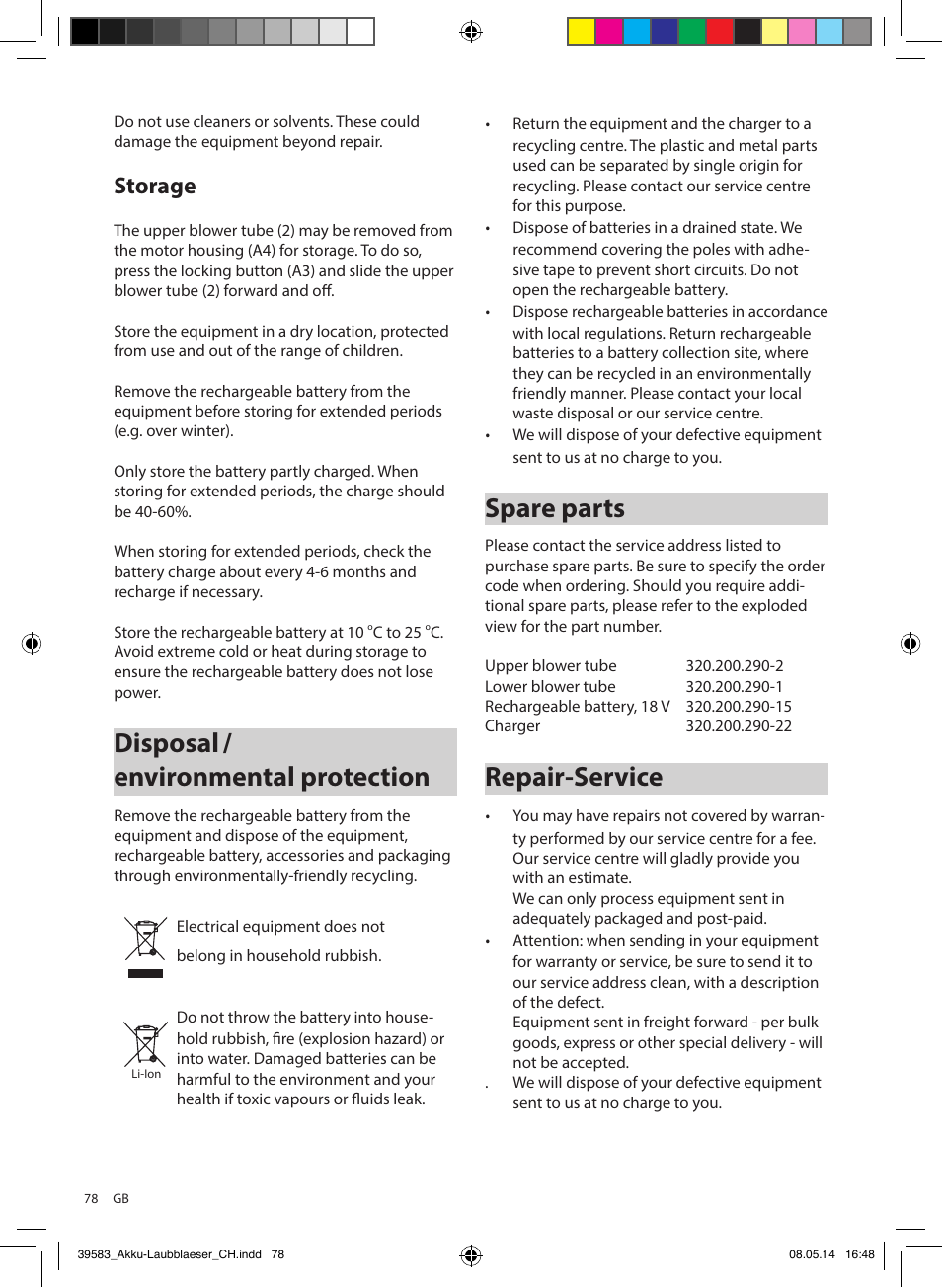 Disposal / environmental protection, Spare parts, Repair-service | Storage | Florabest FLBA 18 A1 User Manual | Page 78 / 84
