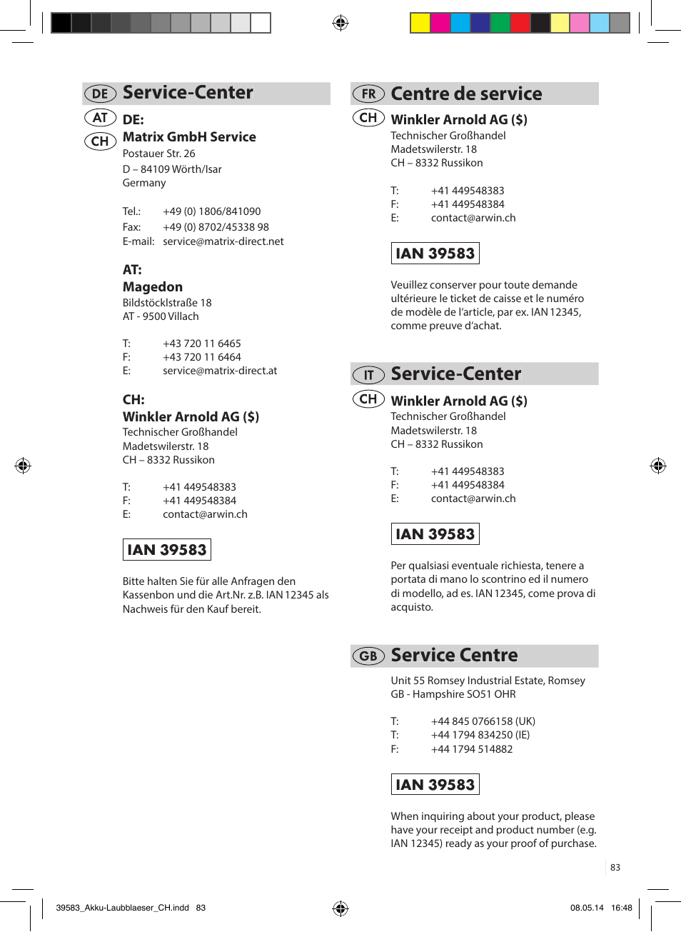 Service-center, Service centre, Centre de service | Florabest FLBA 18 A1 User Manual | Page 83 / 84