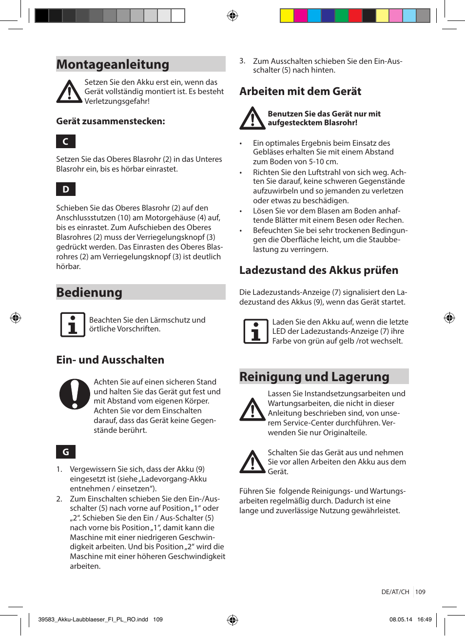 Montageanleitung, Bedienung, Reinigung und lagerung | Ein- und ausschalten, Arbeiten mit dem gerät, Ladezustand des akkus prüfen | Florabest FLBA 18 A1 User Manual | Page 109 / 117