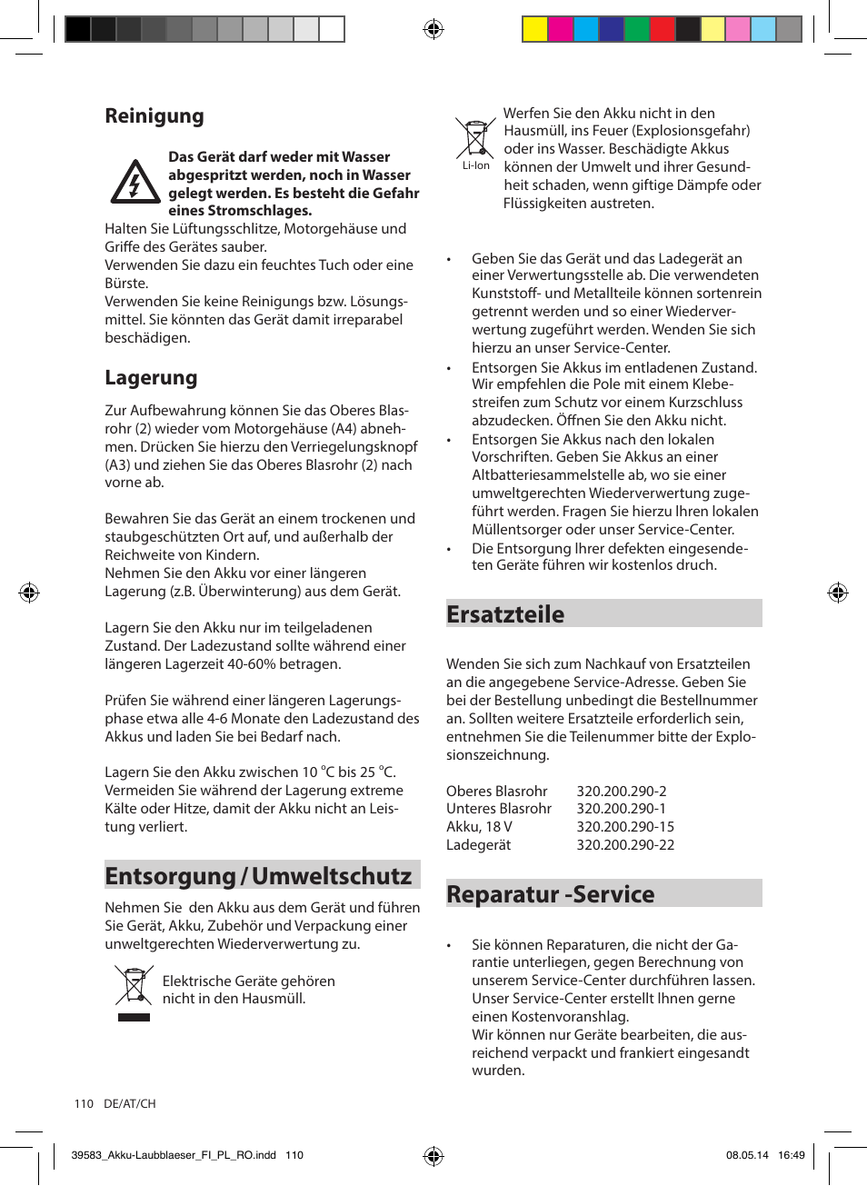 Entsorgung / umweltschutz, Ersatzteile, Reparatur -service | Reinigung, Lagerung | Florabest FLBA 18 A1 User Manual | Page 110 / 117