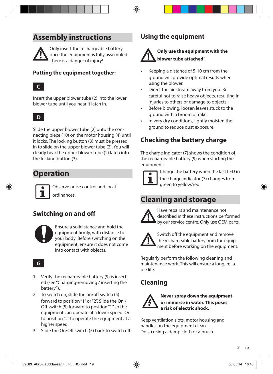 Assembly instructions, Operation, Cleaning and storage | Switching on and off, Using the equipment, Checking the battery charge, Cleaning | Florabest FLBA 18 A1 User Manual | Page 19 / 117