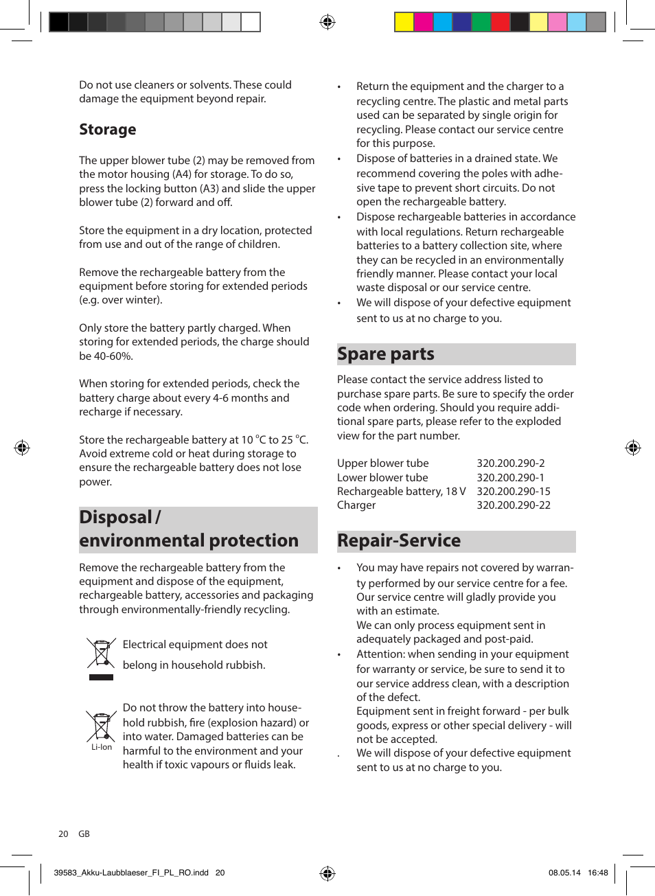 Disposal / environmental protection, Spare parts, Repair-service | Storage | Florabest FLBA 18 A1 User Manual | Page 20 / 117