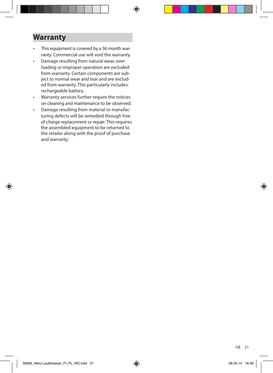 Warranty | Florabest FLBA 18 A1 User Manual | Page 21 / 117