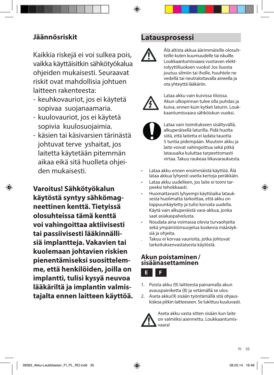 Latausprosessi, Akun poistaminen / sisäänasettaminen | Florabest FLBA 18 A1 User Manual | Page 35 / 117