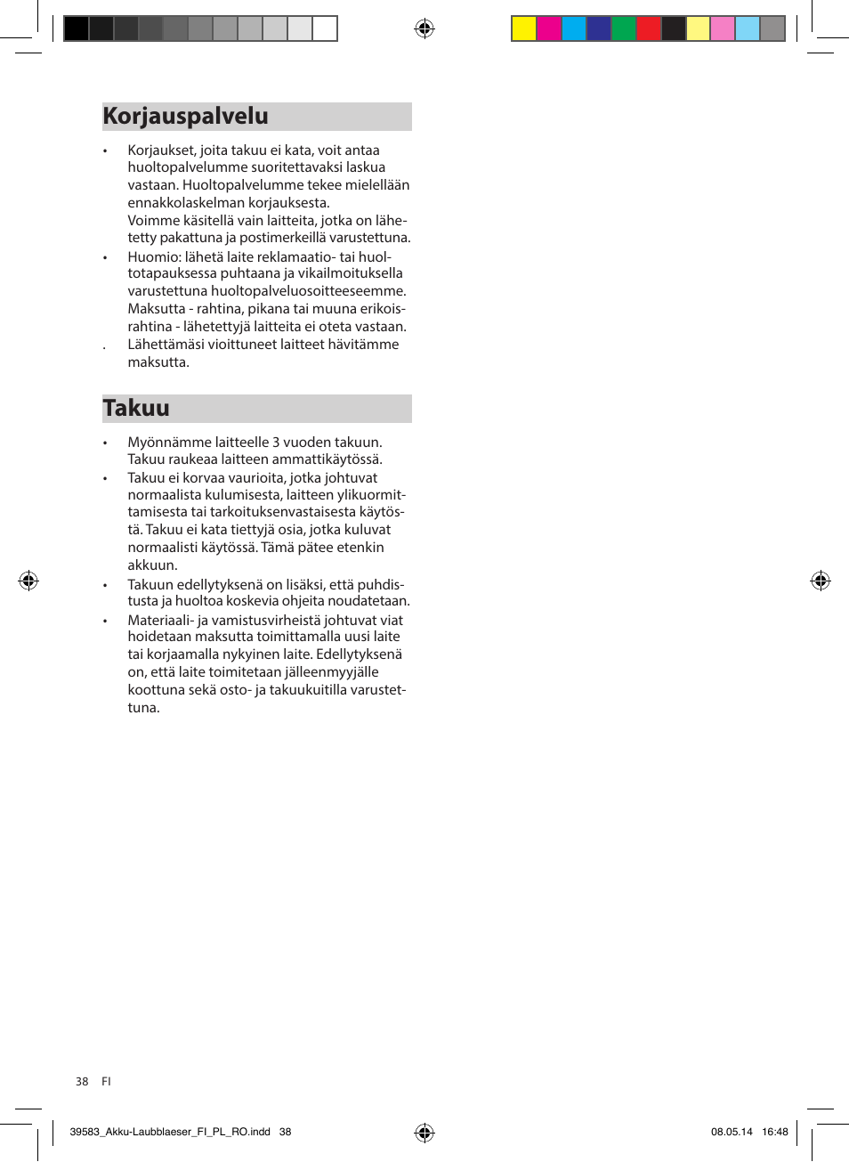 Korjauspalvelu, Takuu | Florabest FLBA 18 A1 User Manual | Page 38 / 117