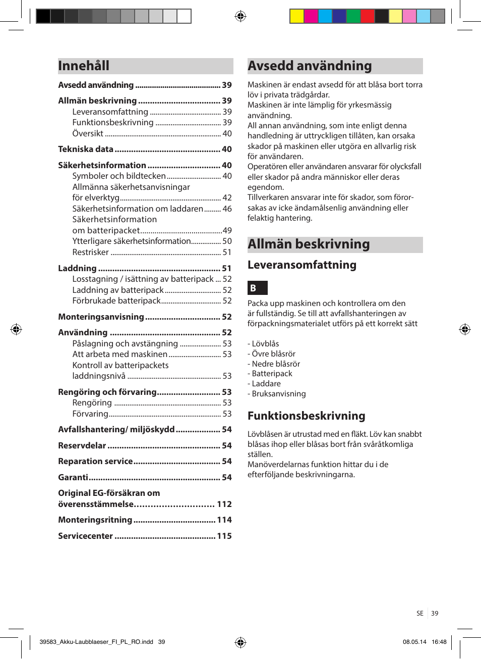 Innehåll, Avsedd användning, Allmän beskrivning | Leveransomfattning, Funktionsbeskrivning | Florabest FLBA 18 A1 User Manual | Page 39 / 117