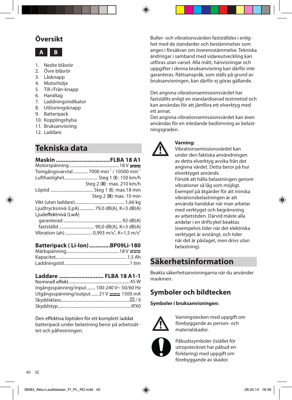 Säkerhetsinformation, Tekniska data, Symboler och bildtecken | Översikt | Florabest FLBA 18 A1 User Manual | Page 40 / 117