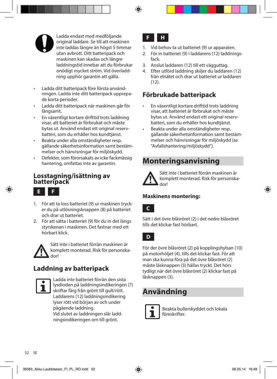 Monteringsanvisning, Användning, Losstagning/isättning av batteripack | Laddning av batteripack, Förbrukade batteripack | Florabest FLBA 18 A1 User Manual | Page 52 / 117