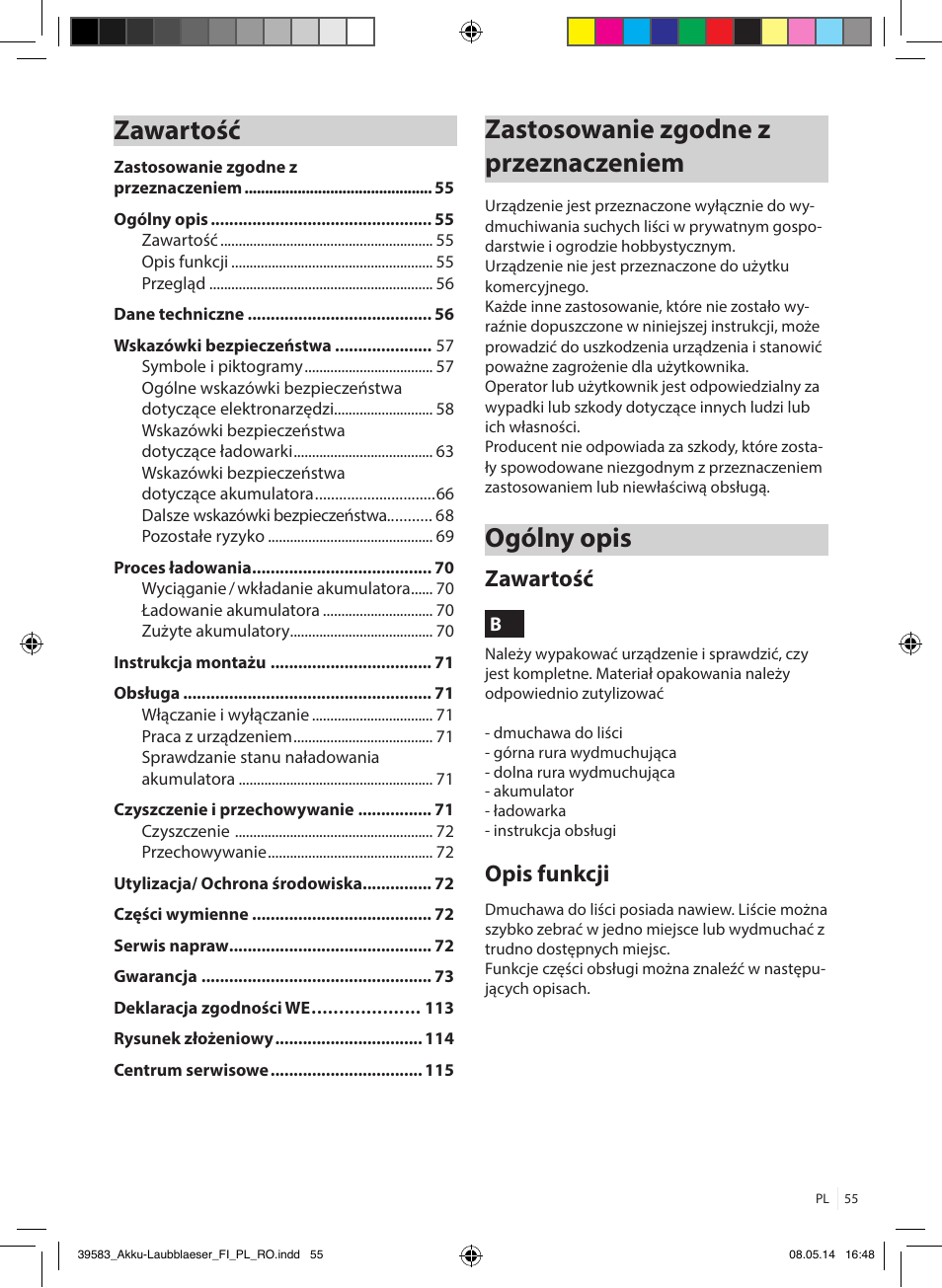 Zawartość, Zastosowanie zgodne z przeznaczeniem, Ogólny opis | Opis funkcji | Florabest FLBA 18 A1 User Manual | Page 55 / 117