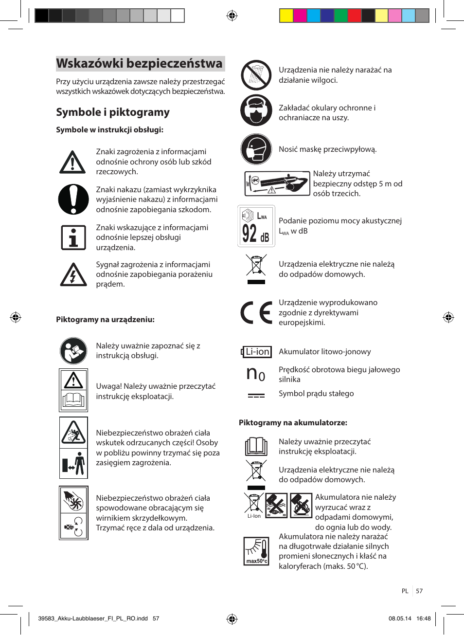 Wskazówki bezpieczeństwa, Symbole i piktogramy | Florabest FLBA 18 A1 User Manual | Page 57 / 117