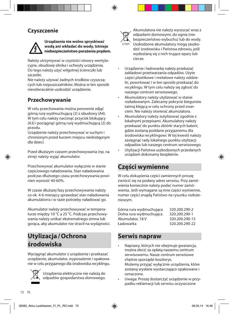 Utylizacja / ochrona środowiska, Części wymienne, Serwis napraw | Czyszczenie, Przechowywanie | Florabest FLBA 18 A1 User Manual | Page 72 / 117
