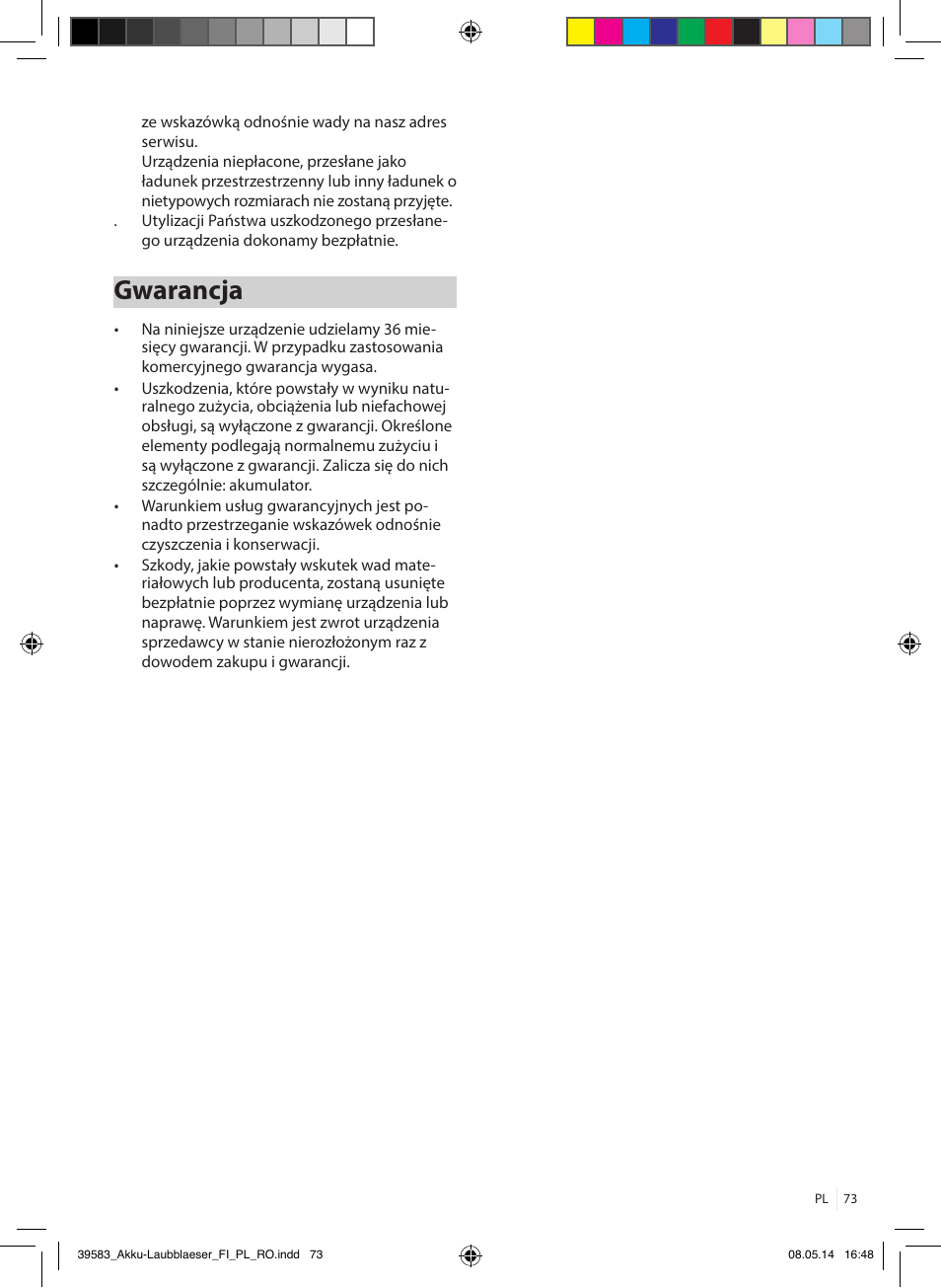 Gwarancja | Florabest FLBA 18 A1 User Manual | Page 73 / 117
