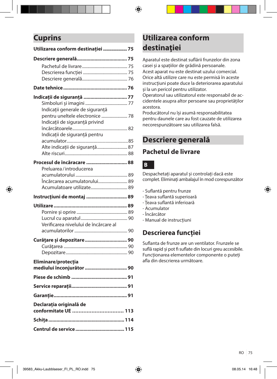 Cuprins, Utilizarea conform destinaţiei, Descriere generală | Pachetul de livrare, Descrierea funcției | Florabest FLBA 18 A1 User Manual | Page 75 / 117