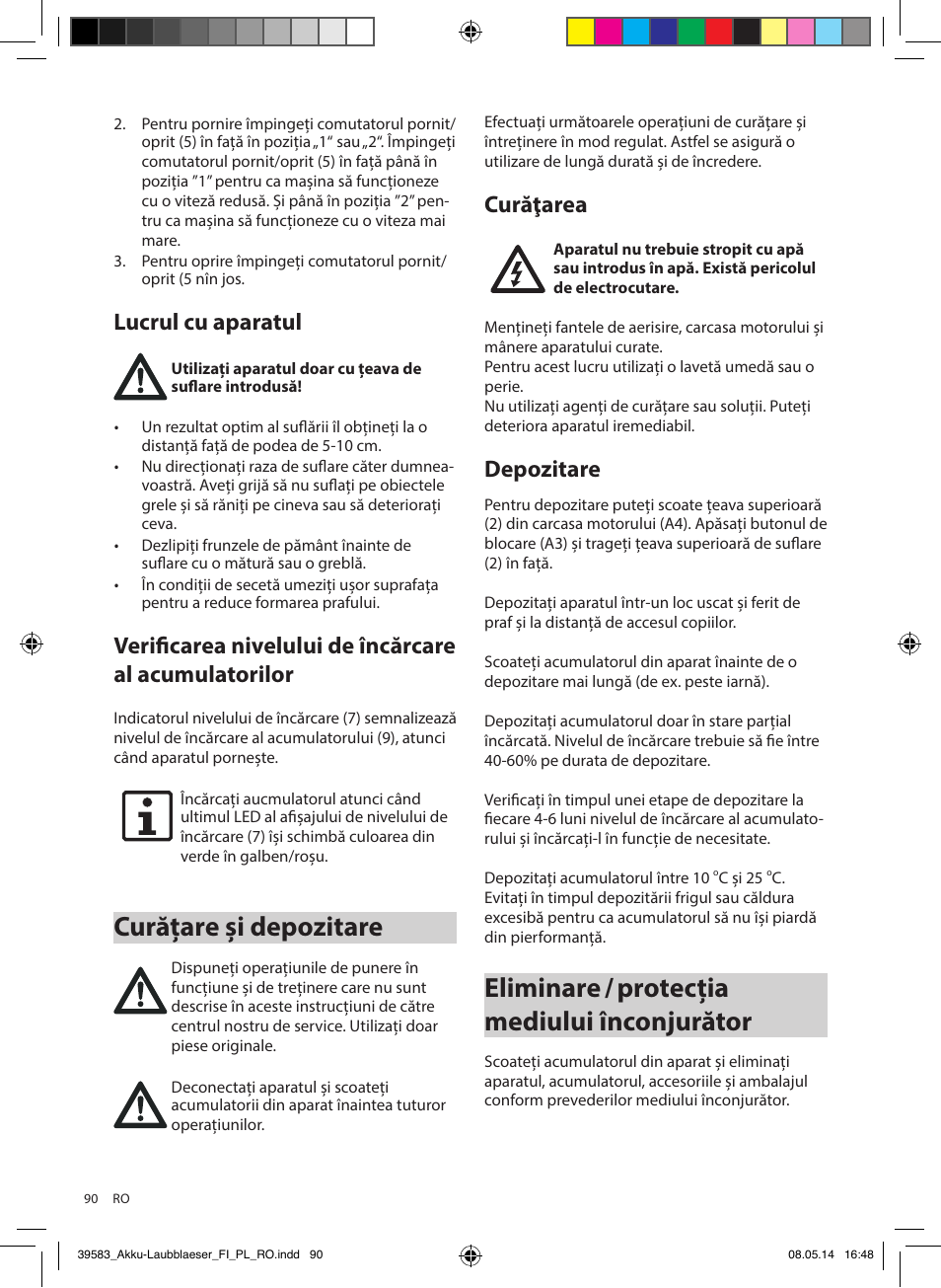 Curățare și depozitare, Eliminare / protecția mediului înconjurător, Lucrul cu aparatul | Curăţarea, Depozitare | Florabest FLBA 18 A1 User Manual | Page 90 / 117