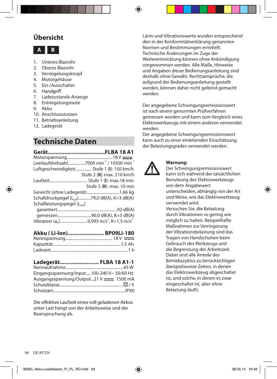 Technische daten, Übersicht | Florabest FLBA 18 A1 User Manual | Page 94 / 117