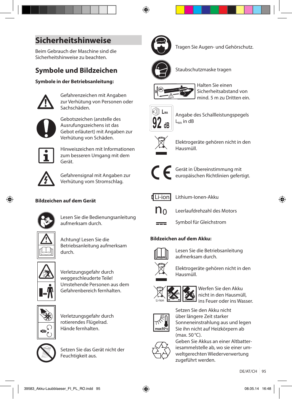 Sicherheitshinweise, Symbole und bildzeichen | Florabest FLBA 18 A1 User Manual | Page 95 / 117