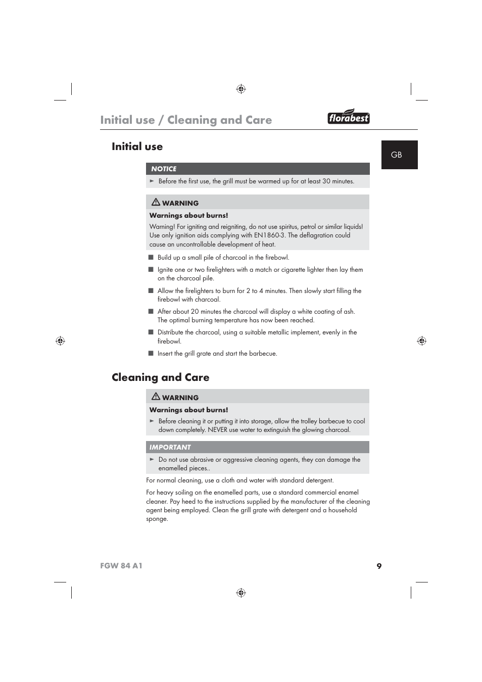 Initial use / cleaning and care, Initial use, Cleaning and care | Florabest FGW 84 A1 User Manual | Page 11 / 86