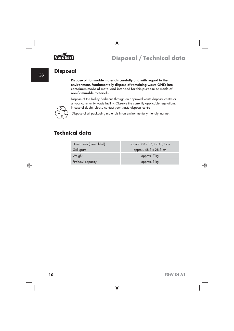 Disposal / technical data, Disposal, Technical data | Florabest FGW 84 A1 User Manual | Page 12 / 86