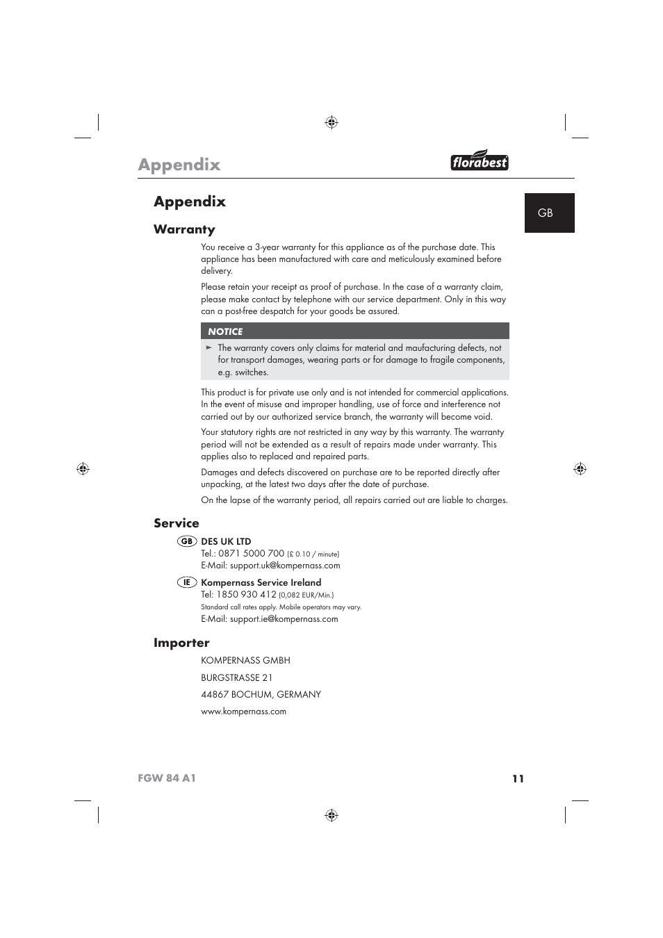 Appendix, Warranty, Service | Importer | Florabest FGW 84 A1 User Manual | Page 13 / 86