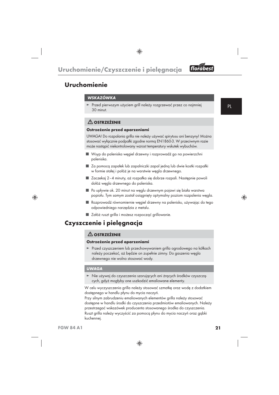 Uruchomienie/czyszczenie i pielęgnacja, Uruchomienie, Czyszczenie i pielęgnacja | Florabest FGW 84 A1 User Manual | Page 23 / 86
